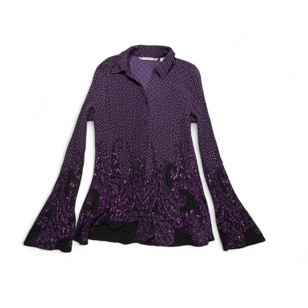 Vintage Y2K Fred David Whimsigoth Purple Paisley Plisse Flare Sleeve Blouse